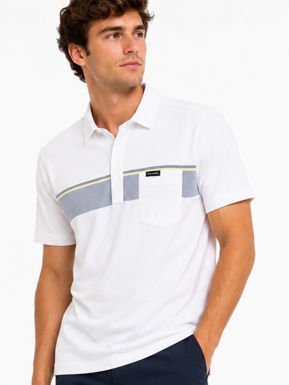 Travis Mathew White Golf Polo  Striped Performance Shirt Men L
CAPB010